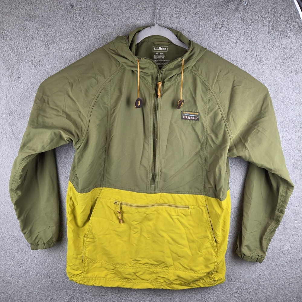 LL Bean Mountain Classic Anorak Jacket Mens M Tall Green Yellow Hooded Pullover